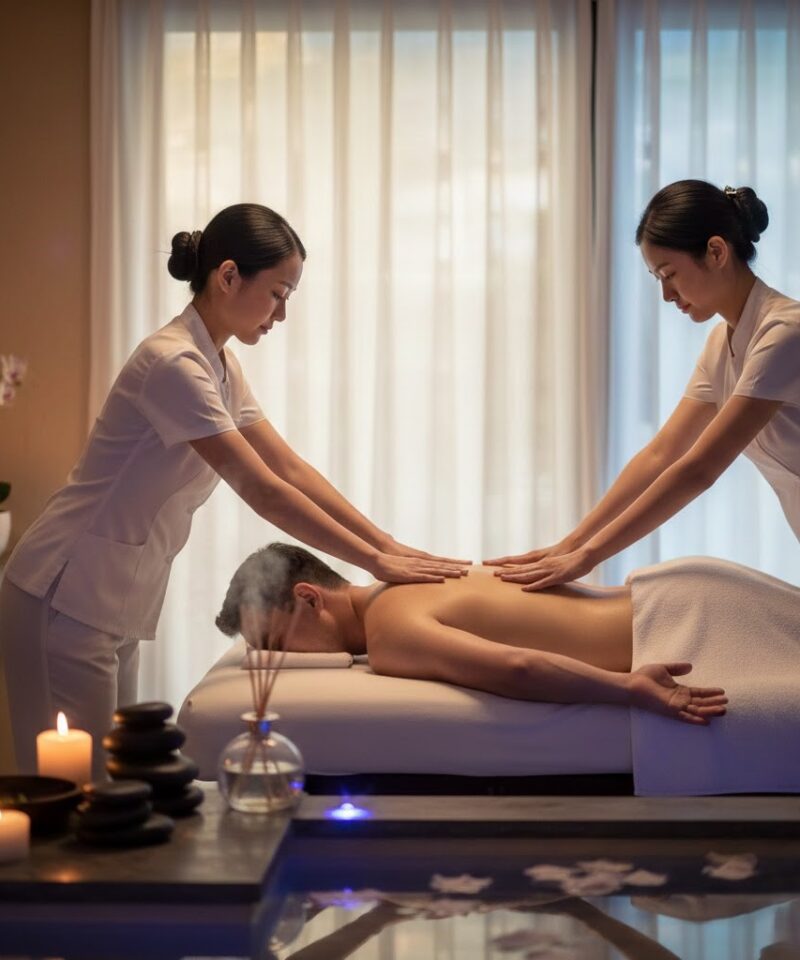 Masaje relajante a 4 manos en un spa.
